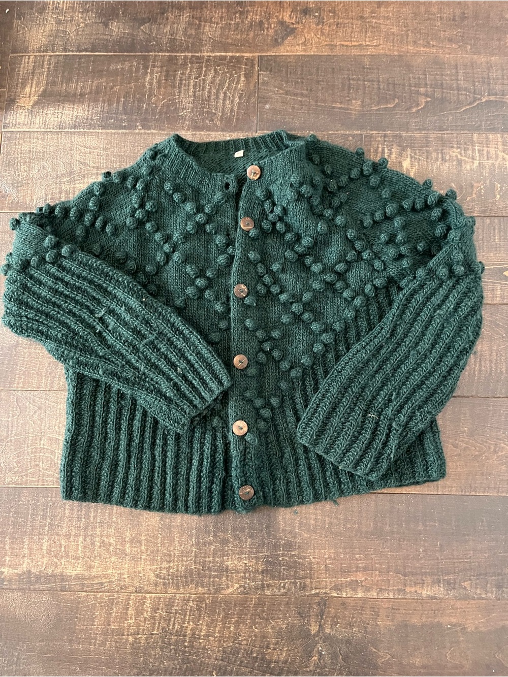 Pom-Pom Textured Button-Front Cardigan Sweater - Dark Green